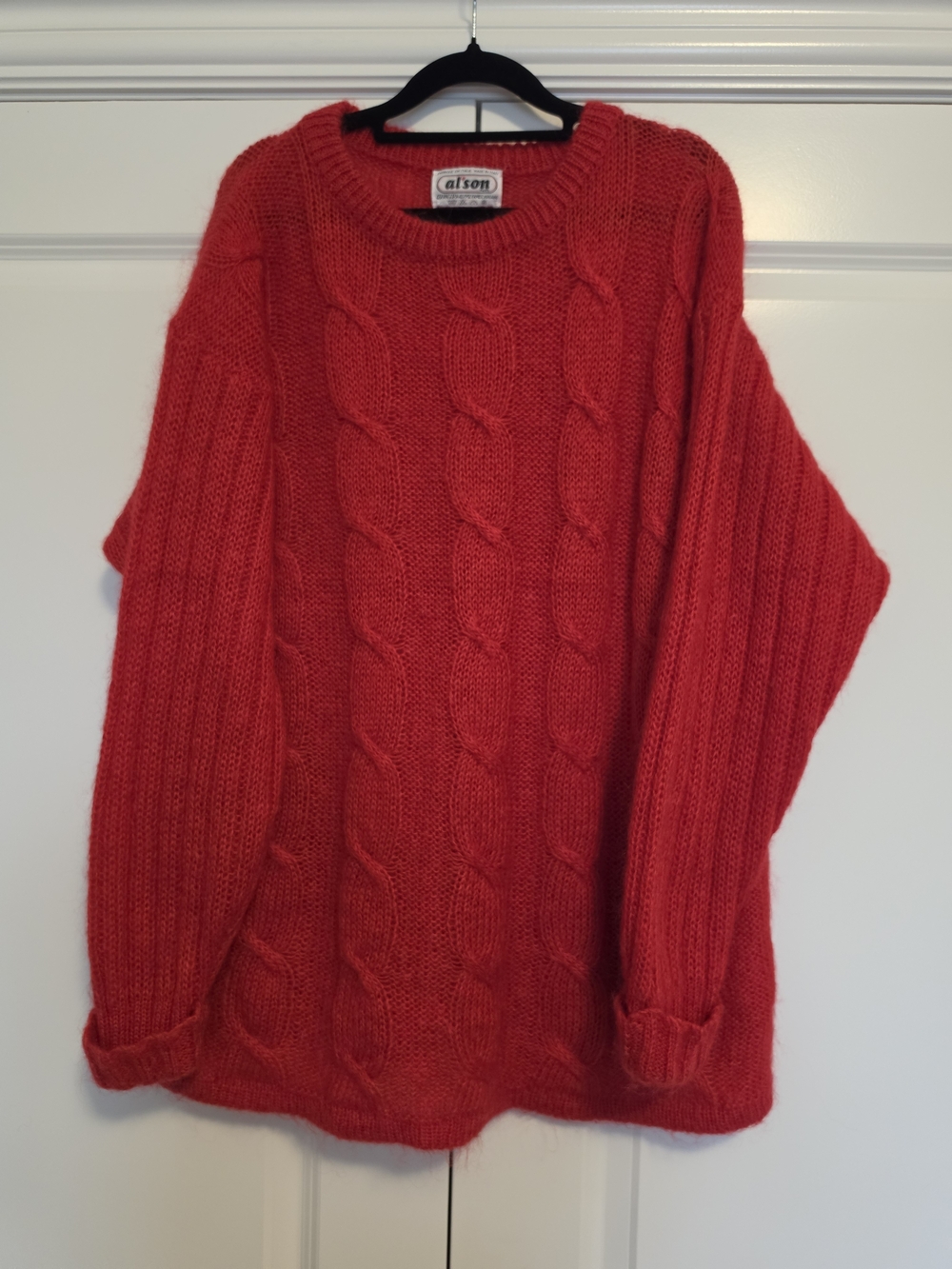 AL’SON PARIS WOMEN’S XL RED ANGORA WOOL CABLE KNIT OVERSIZED SWEATER ITALY